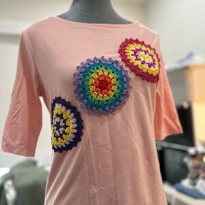 Tommy Hilfiger Pink Tee with Colorful Crochet Accents